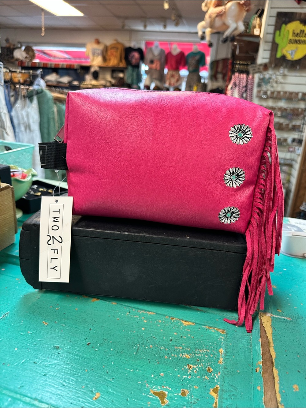 NWT Pink Fringe Embroidered Concho Travel Cosmetic  Bag